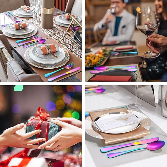 Rainbow Silverware Flatware Set for 8, 40 piece Stainless Steel Colorful Cutlery With Titanium Plated, Tableware Kitchen Eating Utensil Set Include Knife/Fork/Spoon, Mirror Polished, Dishwasher Safe