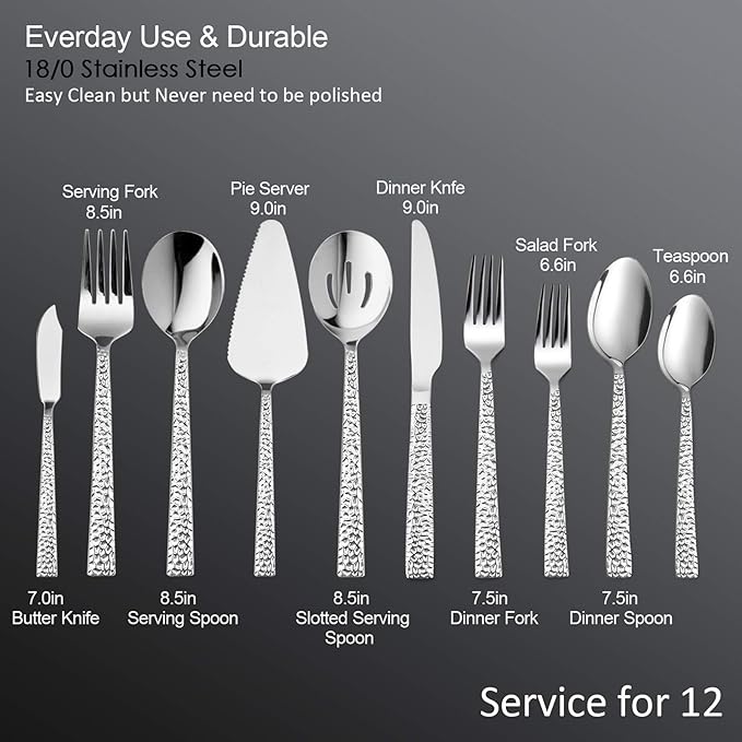 HaWare 65-Piece Hammered Flatware Serving Set, Stainless Steel Silverware Cutlery Set for Home/Hotel/Restaurant, Service for 12, Elegant & Classic Design, Dishwasher Safe-Square Edge