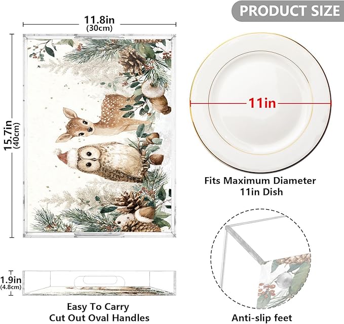 Serving Tray with Handles Clear Acrylic Tray 12x16 Inch Decorative Rectangular Tray Organizer for Ottoman Coffee Table Bathroom White Christmas Deer Owl Pinecorns Leaves