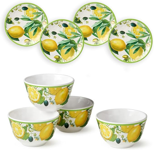 Limone 8-Piece Melamine Canapé Plate & Dip Bowl Set – Mediterranean Lemon & Olive Design, Perfect for Appetizers, Snacks, Dips & Desserts – Shatterproof, Chip-Resistant, Indoor/Outdoor Dining