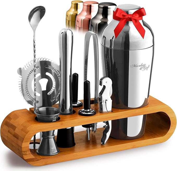 Mixology & Craft Cocktail Shaker Set: 10-Piece Bartender Kit with Stand | Complete Cocktail Kit Gift Set | Top Bartender Gifts for Men & Women | Leak-Proof Design (Silver)