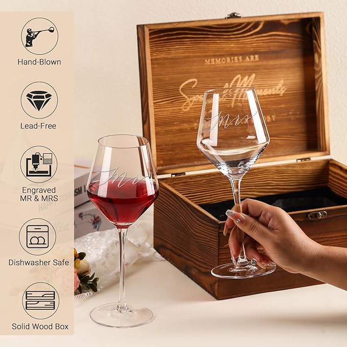 Mr and Mrs Wine Glasses Set with Wooden Box and Wine Accessories – Engagement or Housewarming Gift for Couple