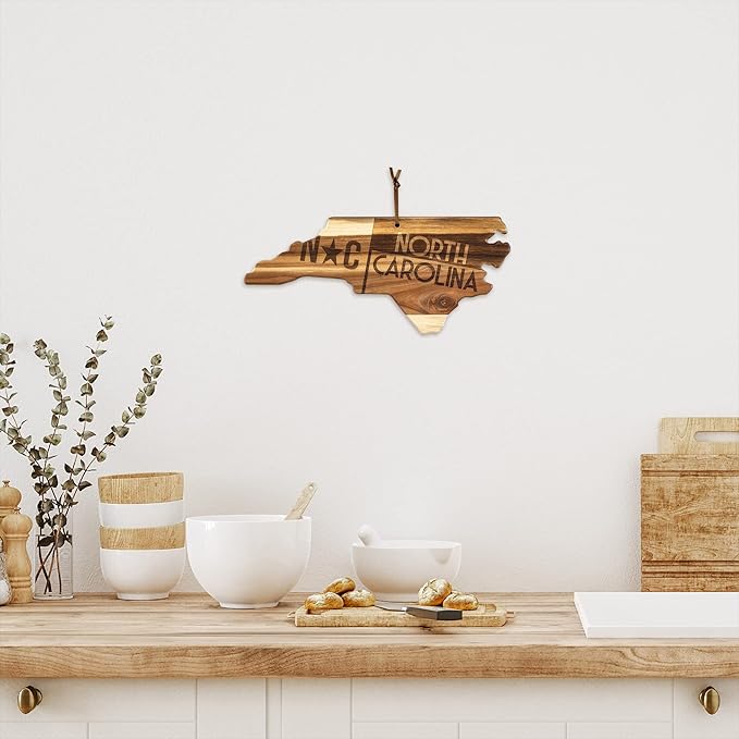 Totally Bamboo Rock & Branch Origins Series North Carolina State Shaped Cutting Board and Charcuterie Serving Tray, Includes Hang Tie for Wall Display 18" x 8" x 0.6"
