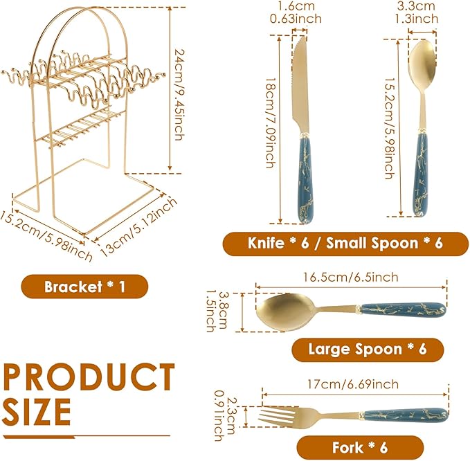 24 Pcs Silverware Set with Hanging Holder, Stainless Steel Flatware Set, Kitchen Utensil Tableware Set with Stainless Steel Knives and Forks and Spoons, Mirror Polished, Dishwasher Safe (Green)