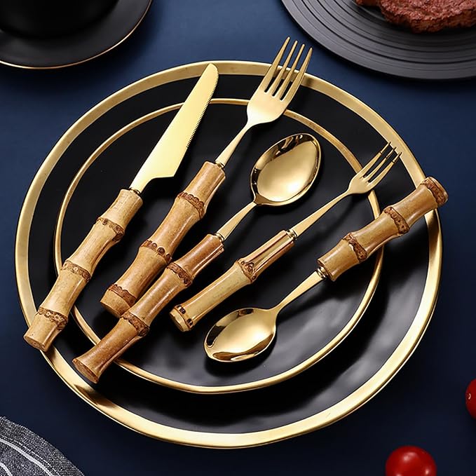 gold bamboo silverware set, 60-piece cutlery sets for 12, bamboo handle flatware set reusable, stainless steel travel set,silverware set for dinning, dishwasher safe