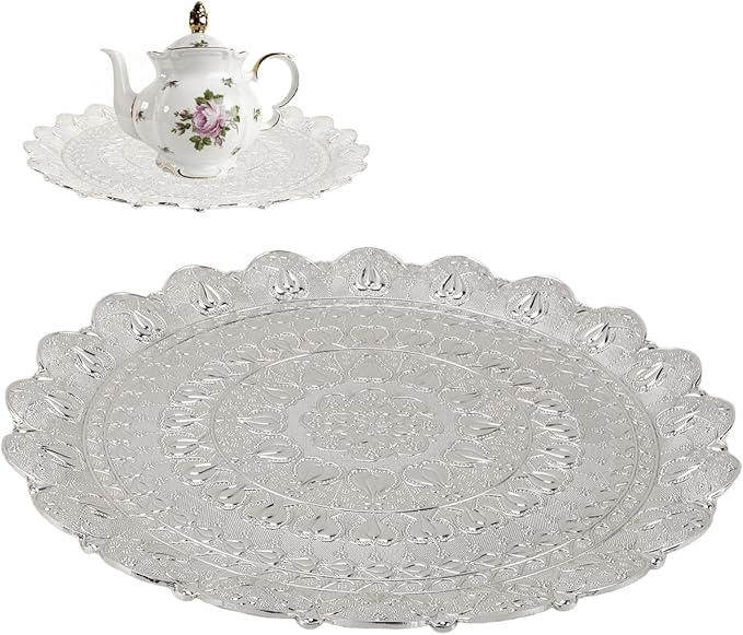 Semme Vintage Turkish Coffee Serving Tray with Embossed Pattern Multi Purpose Round Metal Plate for Home Bar and Special (Silver)