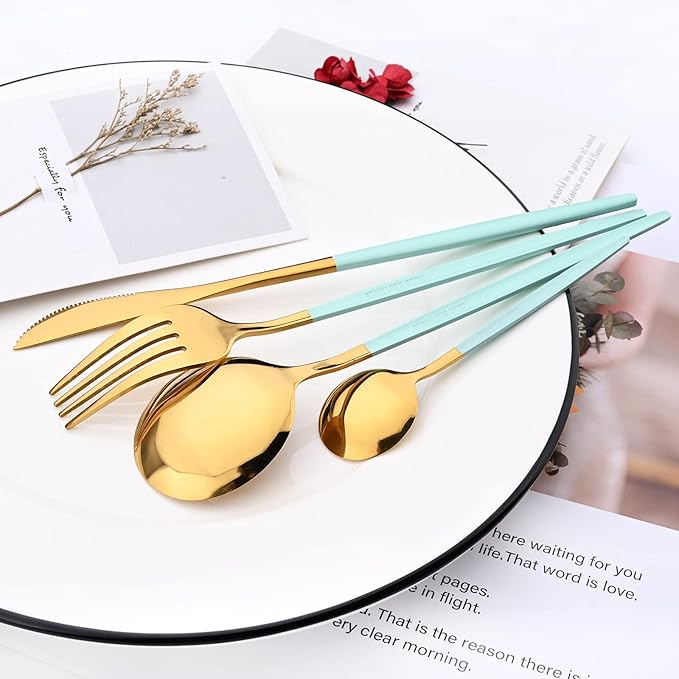 40 Pcs Silverware Set With Teaspoon For 10, Food Grade Stainless Steel Utensils Tableware Set, Elegant & Simple Flatware Serving Set Include Knife Fork Spoon, Mirror (Mint Green Gold)