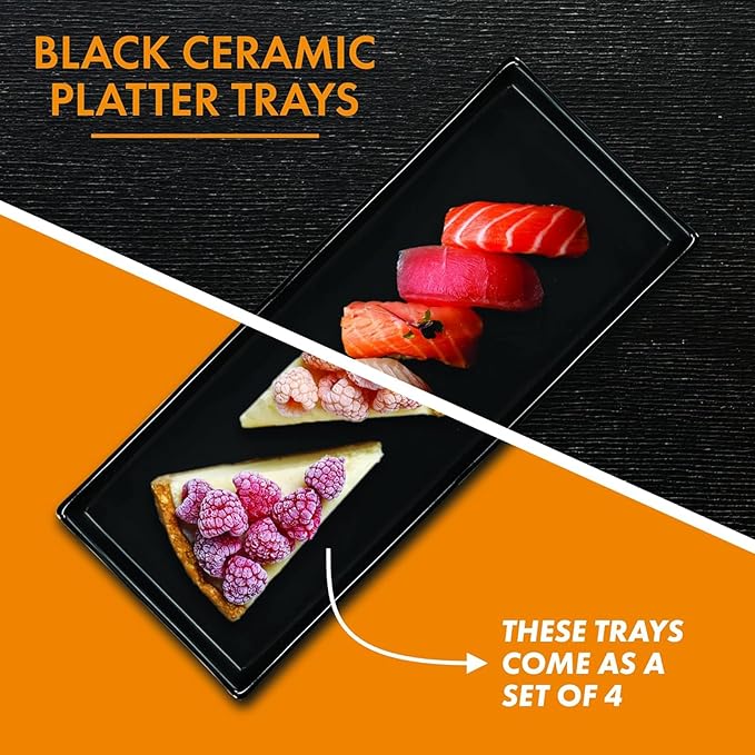 Matte Black Plastic Serving Platters (13 x 4.6 Inch Rectangle Plates) Serving Dishes for Entertaining, Food, Appetizers, Desserts, Cheese Board, Charcuterie, Sushi - Set of 4 Party Trays