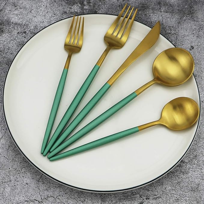 Gugrida 20-Piece 18/10 Stainless Steel Flatware Silverware, Luxury Dinnerware Set Travel Cutlery Tableware Include Knife Fork Spoon Service for 4, Dishwasher Safe (Green Handle Matte Gold)