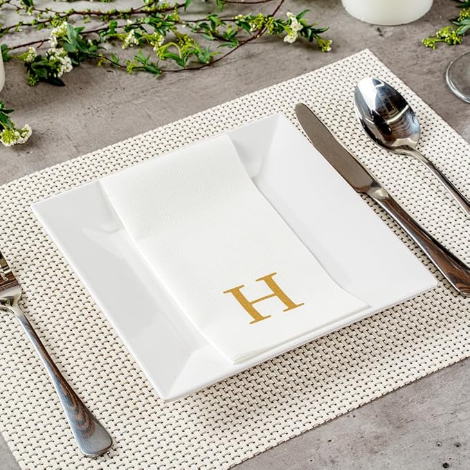 Luxenap 15.8 X 7.9 Inch Linen-Feel Guest Towels, 50 Lettered Hand Towels - Gold Letter 'H', Sans Serif Font, White Paper Dinner Napkins, airlaid, For Restrooms And Tables - Restaurantware