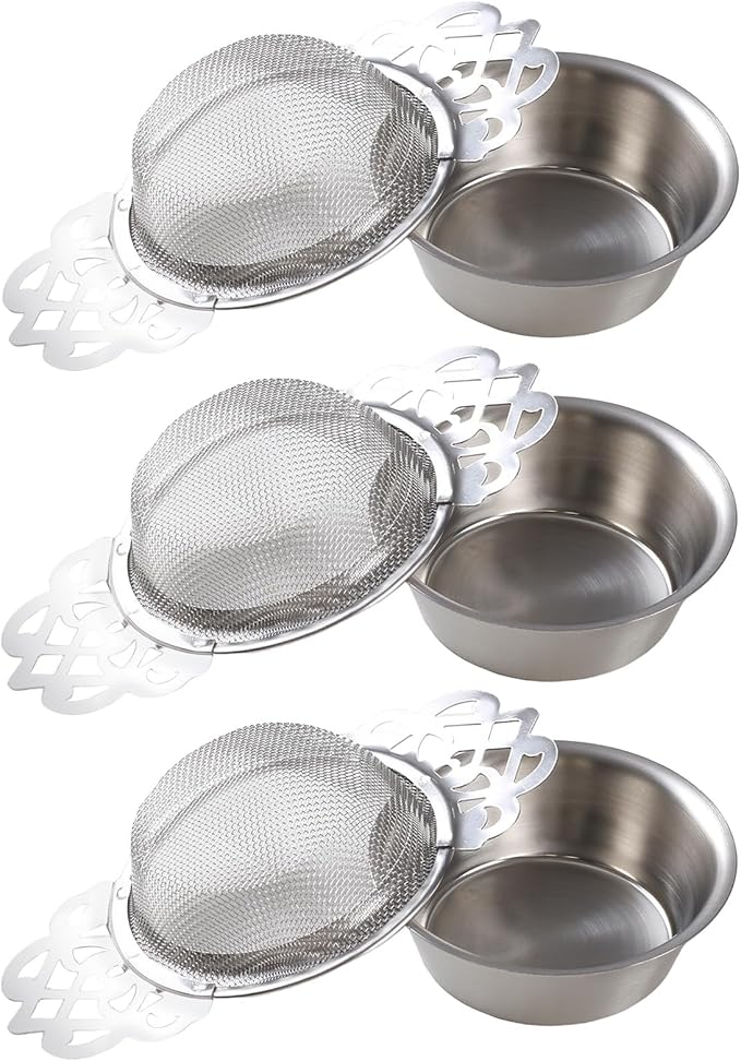 3 Pack Tea Filter Mesh 304 Stainless Steel Tea Drain Strainer 2.5 Inch Teapot Strainer With Petal Handles and Drip Bowl Tea Strainers for Loose Tea Juice Coffee Filter, Silver