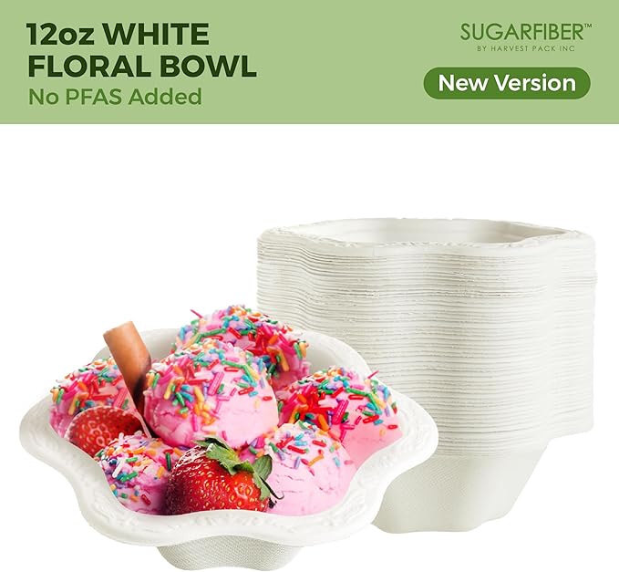 [400 COUNT]12oz Compostable Floral White Paper Bowls - Acanthus Collection Natural Sugarcane Disposable Bagasse Bowls Eco Friendly Plastic-Free ice cream Bowl Elegant - New Version