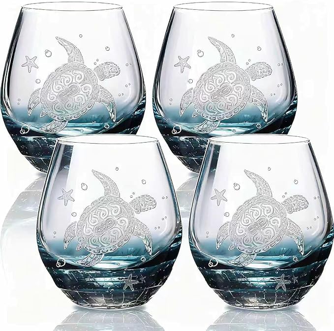 Sea Turtle Wine Glasses Set 4 - 13.3oz Crackle Teal Design, Hand blown Tortoise Wine Tumbler,Sea Turtle Gifts for Women, Birthday/Housewarming/Christmas Gifts for Turtle Lovers(4count, White)