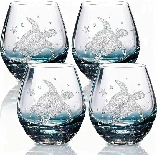 Sea Turtle Wine Glasses Set 4 - 13.3oz Crackle Teal Design, Hand blown Tortoise Wine Tumbler,Sea Turtle Gifts for Women, Birthday/Housewarming/Christmas Gifts for Turtle Lovers(4count, White)