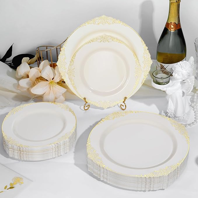 200 PCS Ivory and Gold Plastic Plates for 100 Guests, Gold Disposable Plates Include 100 PCS Dinner Plates, 100 PCS Dessert Plates for Party, Wedding and Graduation (200, Ivory White)