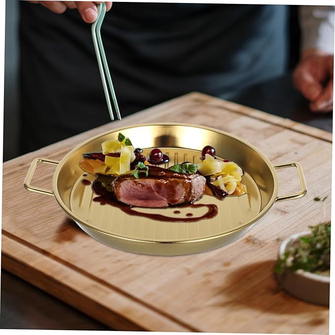 GLEAVI Double Ears Gold Serving Tray Stainless Steel Dinnerware Snack Plate Fruit Dinner Plate for Outdoor Bbq