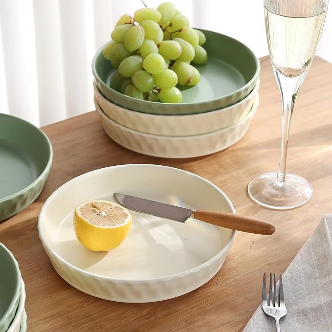 Dinner Plates Set of 4, 8 Inch Ceramic Salad Plates With High Rim for Pasta, Salad, Steak and Main Course, Microwave, Oven and Dishwasher Safe - Apricot