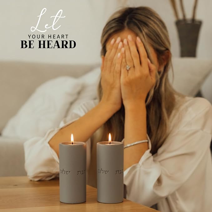 SURI Shabbat Candle Holders Set – Modern Judaica Gift for Shabbos & Jewish Holidays – Concrete Dripless Candle Holders for Tea Lights, Short & Tall – Minimalist Jewish Home Decor
