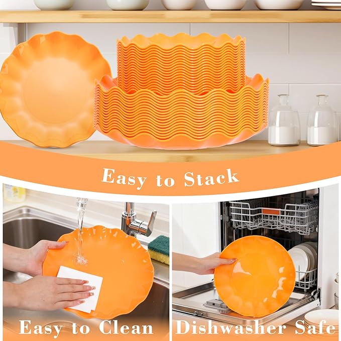 LIYH 50 Pcs Heavy Duty Plates Orange Scalloped Plastic Plates Reusable Unbreakable Plastic Plate for Party, Dishwasher Safe BPA Free (25Guests)