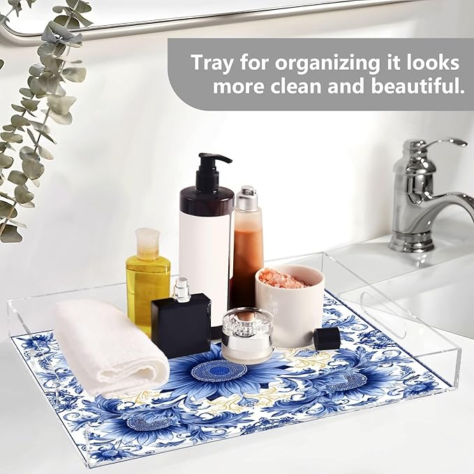Serving Tray with Handles Clear Acrylic Tray 12x16 Inch Decorative Rectangular Tray Organizer for Ottoman Coffee Table Bathroom Sunflowers Blue and White