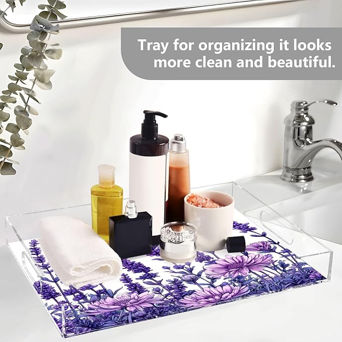 Serving Tray with Handles Clear Acrylic Tray 12x16 Inch Decorative Rectangular Tray Organizer for Ottoman Coffee Table Bathroom Purple Chrysanthemum and Lavender