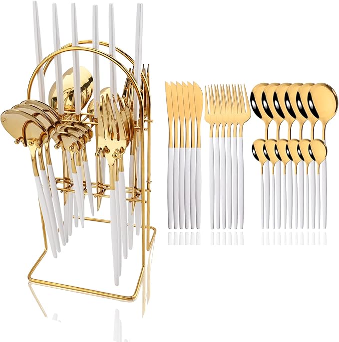 JASHII 24-piece Forks and Spoons Silverware Set with Stand, Metal Tableware Cutlery Set White and Gold Plated Stainless Steel Flatware Set,Service for 6,Mirror Polished