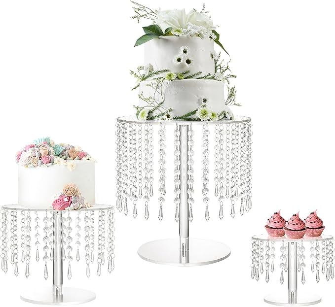 LANLONG Crystal Cake Stand for Party, Clear Acrylic Cake Stand Sets for Dessert Table, 3Pcs Round Cake and Cupcake Stand for Wedding Birthday Party Event Decorations