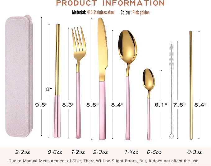 AARAINBOW 7 Pieces Stainless Steel Flatware Set Portable Reusable Cutlery Set Travel Utensils Set Including Chopsticks Knife Fork Spoon Straws Cleaning Brush Dishwasher Safe (Pink Golden)