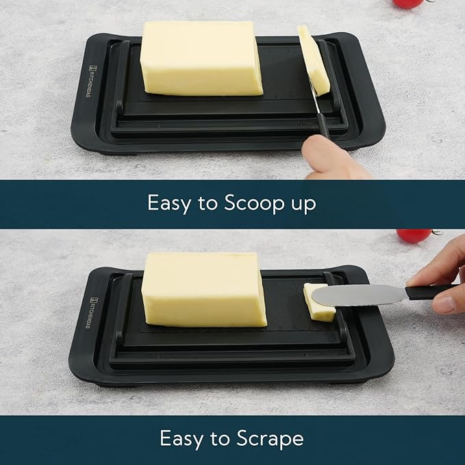 KITCHENDAO Airtight Butter Dish with Lid and Knife, Plastic Butter Dish for Countertop and Refrigerator, Keep Butter Fresh, Easy Scoop-Dishwasher Safe-butter Tray for West/ East Coast Butter, Black