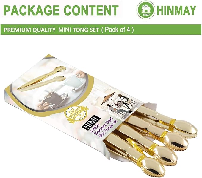 Gold Plated Mini Serving Tongs 4-Inch Sugar Cube Tongs Stainless Steel Mini Ice Tongs, Set of 4