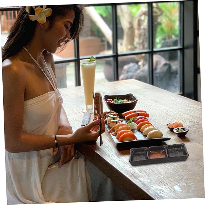 3-Compartment Ceramic Sauce Dish Japanese Style Rectangular Seasoning Plate for Sushi Appetizer and Dipping Sturdy Porcelain for Entertaining and Everyday Use
