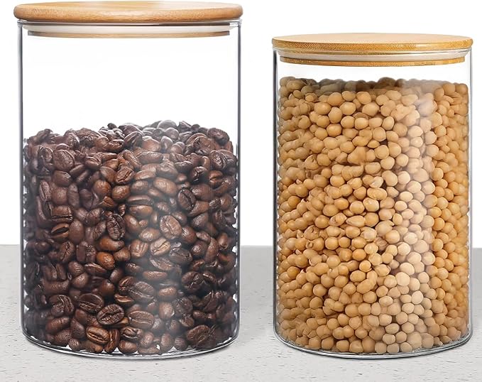 Small Size 33+17 oz Glass Food Storage Jars with Airtight Lids, Clear Glass Jar with Bamboo Lid, Airtight Food Canister for Tea, Candy, Coffee, Sugar, Cookie, Snack. (Round | 5+6 Inch)