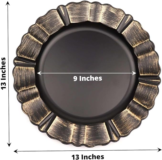 Efavormart Set of 6-13" Round - Black Plastic Charger Plates With Waved Scalloped Rim for Wedding, Outdoor Receptions, Banquets, Holiday Dinner plates Chargers
