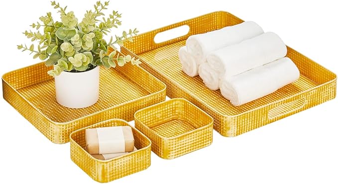 mDesign Nesting Hammered Stainless Steel Tray Set with Handles - Decorative Serving Trays for Entertaining - Holds Food, Tea, or Coffee - Metal Serving Platter for Breakfast Table - Set of 4 - Yellow