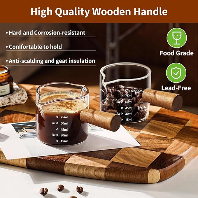 YARRAMATE 2.5 oz/75ML Espresso Cups with Wood Handle, Clear Glass Espresso Accessories, Double Spout Measuring Cup with Dual Scale, Espresso Shot Glass with V-Shaped Spout, Dishwasher Safe