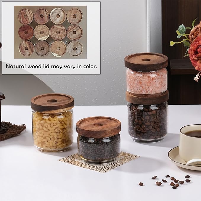 WHJY 2 pack 15oz Glass Storage Containers with Wooden Lids Airtight Food Canister for Tea Sugar Dry Goods Clear Coffee Jars for Kitchen Pantry