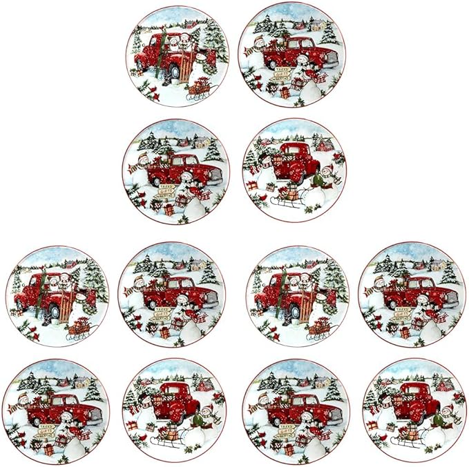 Certified International Red Truck Snowman 6" Canape/Luncheon Plates, Small, Multicolor, Set of 4 (Pack of 3)