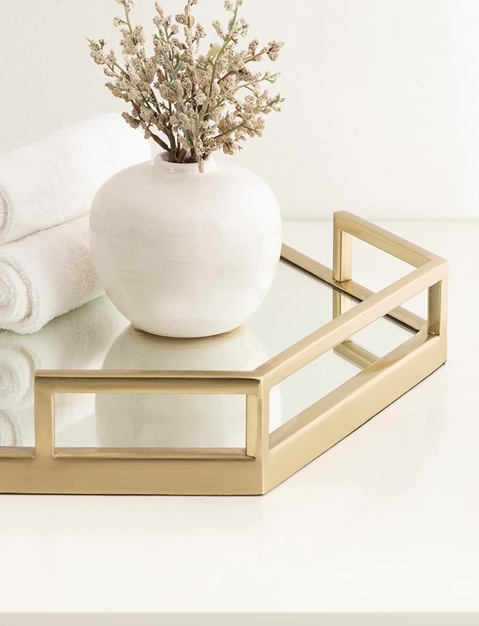 Kate and Laurel Gohana Mirrored Hexagon Tray with Gold Metal Handles, 16 x 18, Mirrored Glass and Gold, Modern Glam Serving Tray with Handles for Living Room Decor