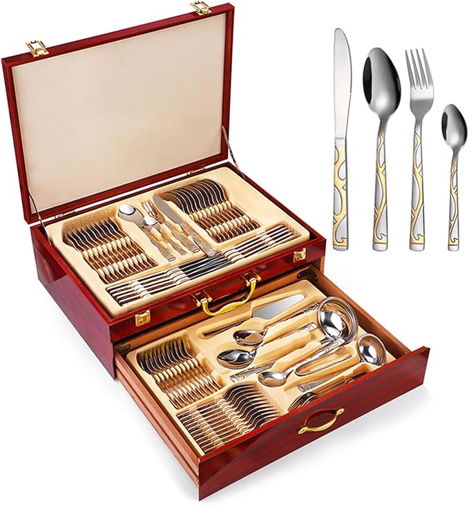Silverware Flatware Serving Set for 12 with Gold Accents, 72/84 PCS Luxury Dining Silverware Cutlery Service in a Wooden Storage Case Chest for Formal Events, Parties(C,84pcs)