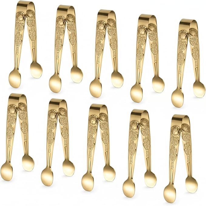 10PCS Mini Serving Tongs, 4.5Inch Small Serving Tongs, Stainless Steel Sugar Cube Tongs, Tiny Metal Tong for Tea Party, Coffee Bar, Appetizers, Desserts and Charcuterie Board (Gold)