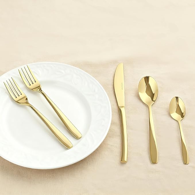 Gold 40 Piece Silverware Set,Stainless Steel Flatware Set for 8,18/0 Rust-Proof Cutlery Set with Forks & Spoons,Mirror Polished Dishwasher Safe - Heavy Duty Tableware for Home & Dining