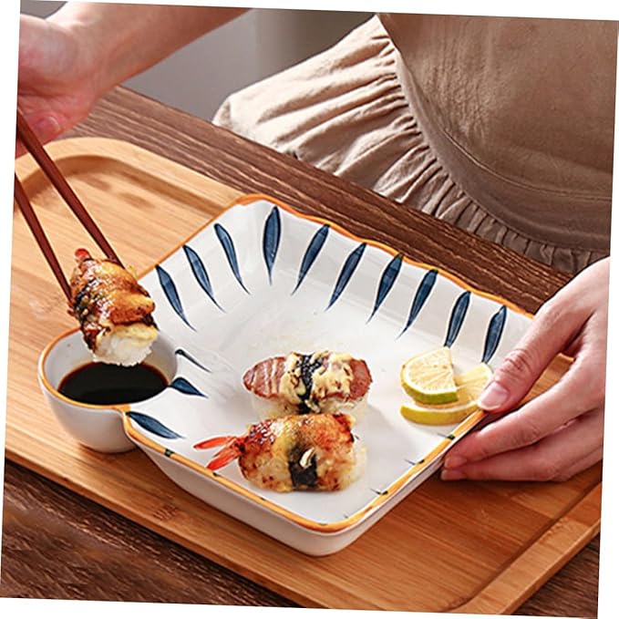 Zerodeko 2pcs Dumpling Serving Plate with Sauce Divider Japanese Style Food Platter for Noodles Sushi and Appetizers for Home and Restaurant Use