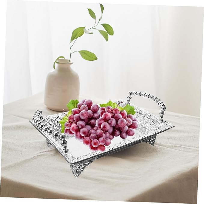 Portable Snack Platter Dried Fruit Bowl Handle Silver Metal Tray Serving Plate