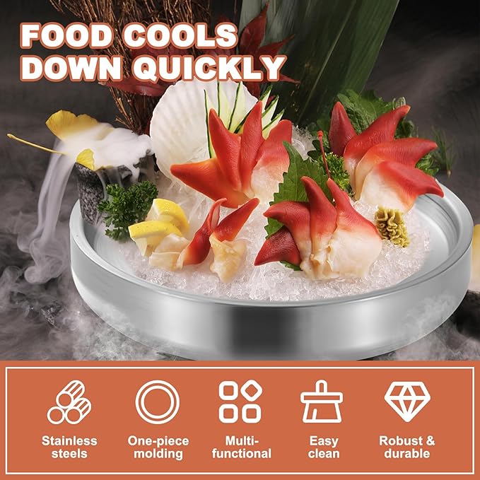 11" 304 Stainless Steel Cold Chilled Serving Tray with Ice Chamber, Silver Shrimp Cocktail Serving Dish, Appetizer Cooling Chilled Party Platter with Ice Underneath for Party Buffets (28cm)