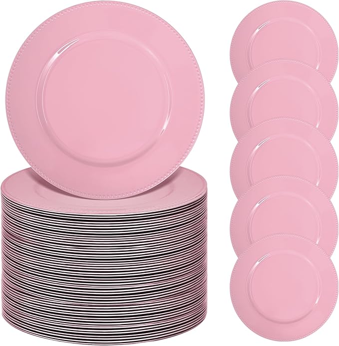 50 Pcs Pink Charger Plates Bulk, 13" Round Beaded Plate for Dinner, Decorative Plastic Table Chargers for Wedding, Holiday Party, Baby Shower, Event Decoration