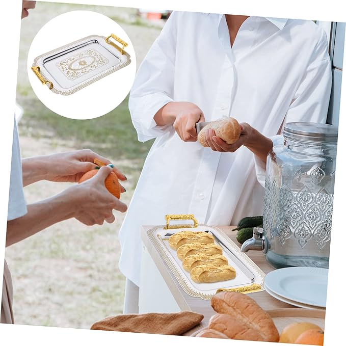 Garneck 1pc Creative European Plate Serving Tray Vintage Double Handle Buffet Tray for Home Parties and Restaurants Easy to Clean Gold Pattern for Cakes and Fruits