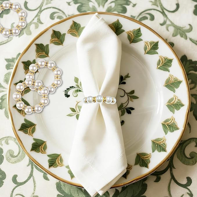 20PCS Gold Napkin Rings Imitation Pearl Napkin Rings Napkin Holder Elegant Round Napkin Buckles Beaded for Wedding Party Dinner Holiday Christmas Thanksgiving Day Home Table Decoration(White and Gold)