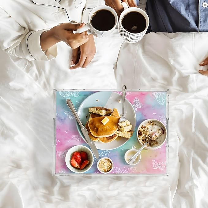 Serving Tray with Handles Clear Acrylic Tray 12x16 Inch Decorative Rectangular Tray Organizer for Ottoman Coffee Table Bathroom Tie Dye Heart Butterflies