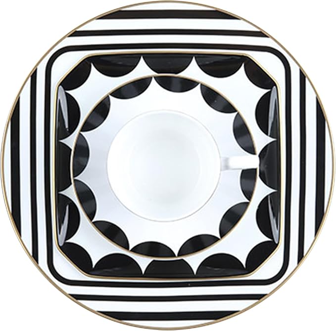 gold trim dinnerware set service for 6, 24 pieces black and white ceramic plate set, bone china plate and cup sets for hotel, birthday, Mother's Day