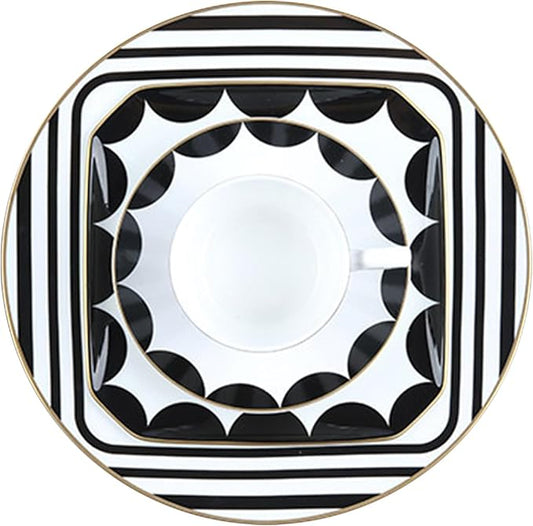 gold trim dinnerware set service for 6, 24 pieces black and white ceramic plate set, bone china plate and cup sets for hotel, birthday, Mother's Day